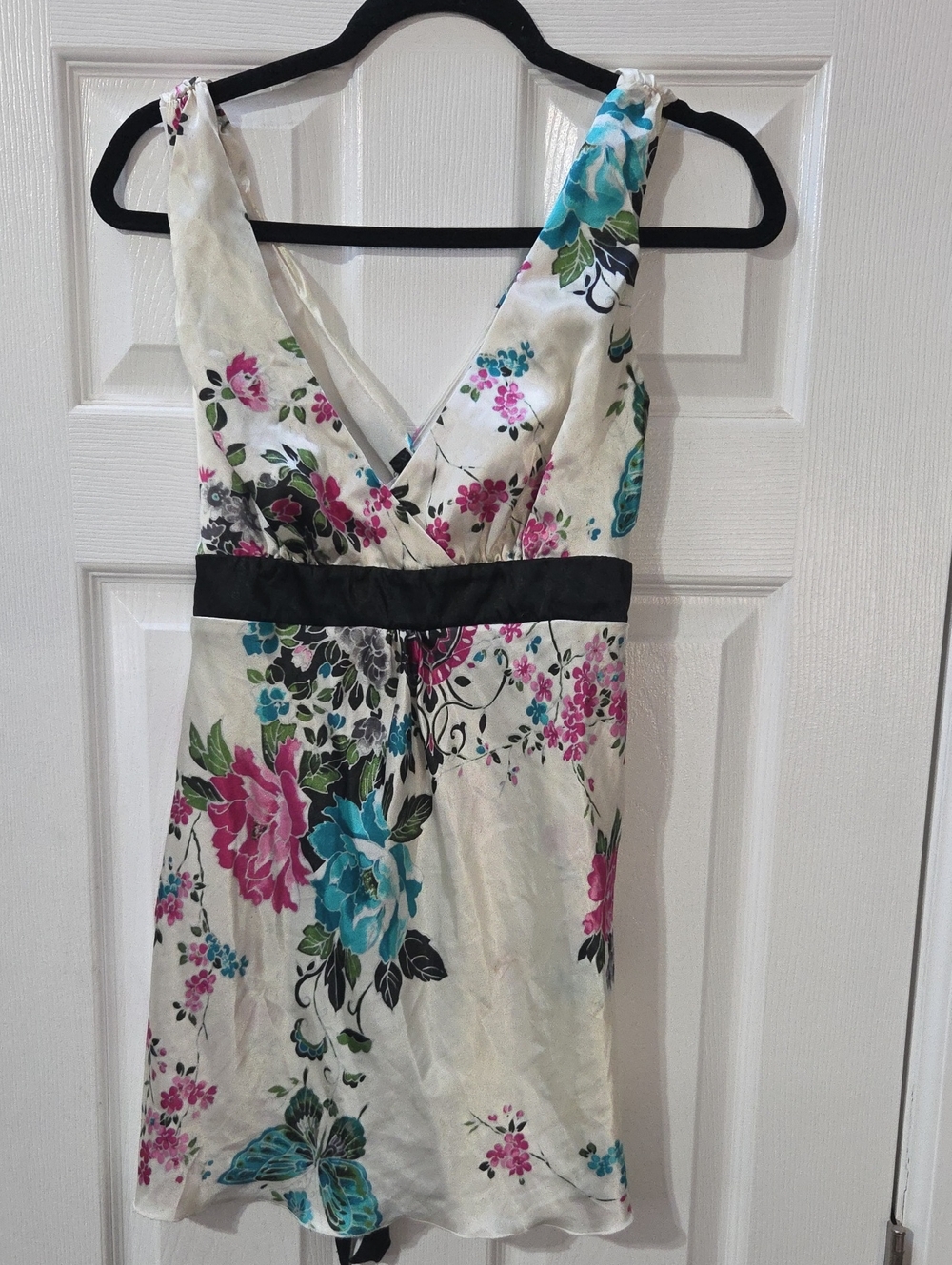 Fleurish Ivory Floral V-Neck Mini Dress with Pink, Teal & Black